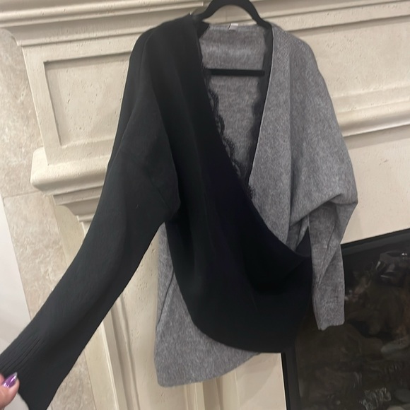 Black and grey lace trimmed criss cross thin sweater. Size large. Never worn. - Picture 2 of 6